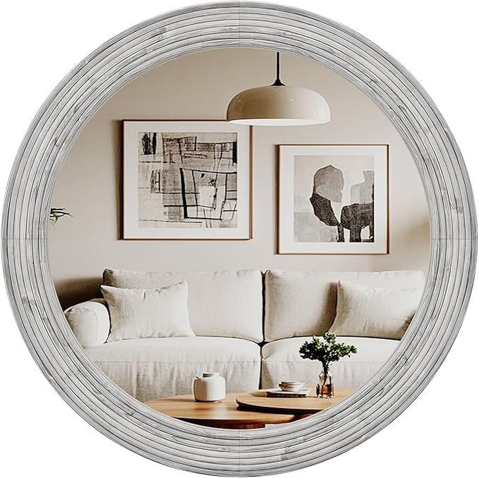 ULIKE Round Mirror for Bathroom 24x 24 Inch, Farmhouse Rustic Wood Frame Wall Mirror, White Vanity Circle Mirror for Bedroom Living Room Entryway Decor