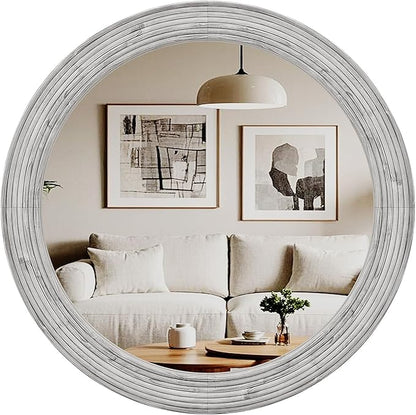 ULIKE Round Mirror for Bathroom 24x 24 Inch, Farmhouse Rustic Wood Frame Wall Mirror, White Vanity Circle Mirror for Bedroom Living Room Entryway Decor