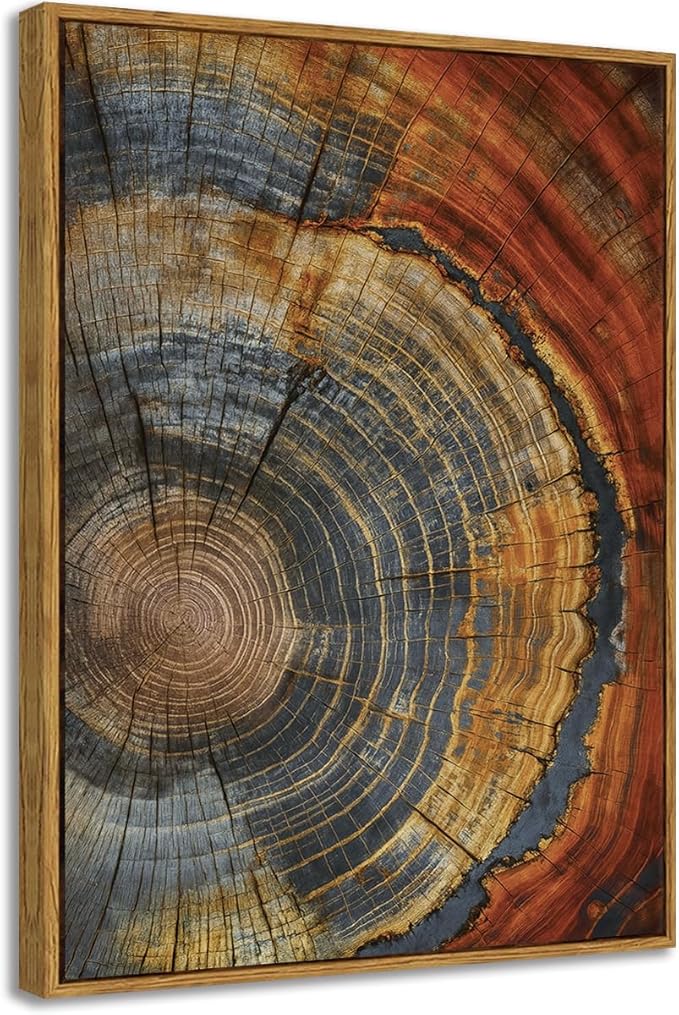 BingruiArt Framed Tree Ring Canvas Wall Art Red and Gold Abstract Wood Wall Decor Boho Modern Colorful Nature Prints Pictures Poster for Living Room Bedroom Bathroom Office 12"x16" Natural Framed(03)