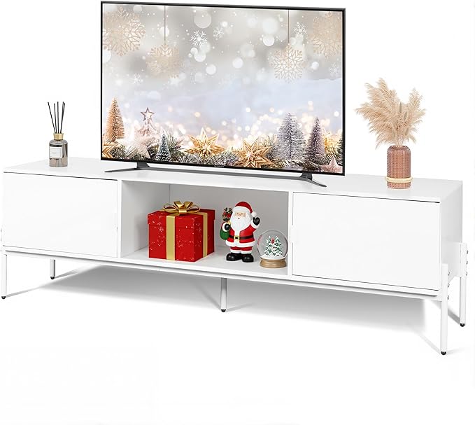 WLIVE TV Stand for 65 Inch TV, Mid Century Modern Entainment Center with 2 Storage Cabinets & Open Shelf, TV Console Table Media with Metal Legs for Living Room, Bedroom, White