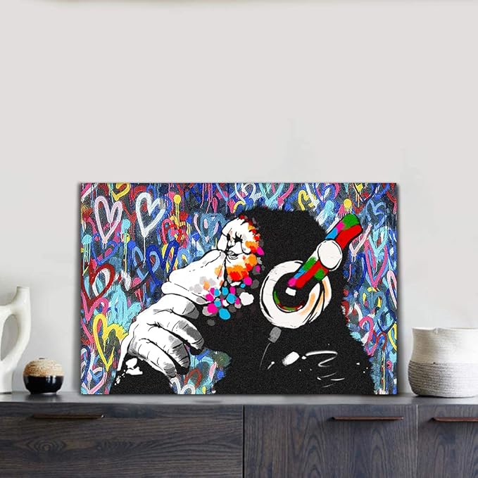 Graffiti Home Decor Music Canvas Wall Art Thinking Monkey Picture Artwork Framed Colorful Canvas Prints Street Art Picture for Living Room Ready to Hang 12x16 inch