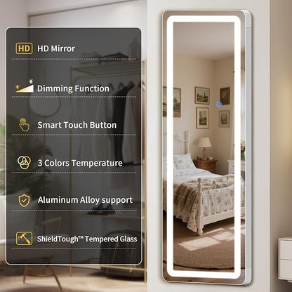 Standing Mirror Full Length with LED Lights, 71"x26" Lighted Mirror with Dimming & 3 Color Lighting, Tall Mirror Full Body for Bedroom, Dressing Room