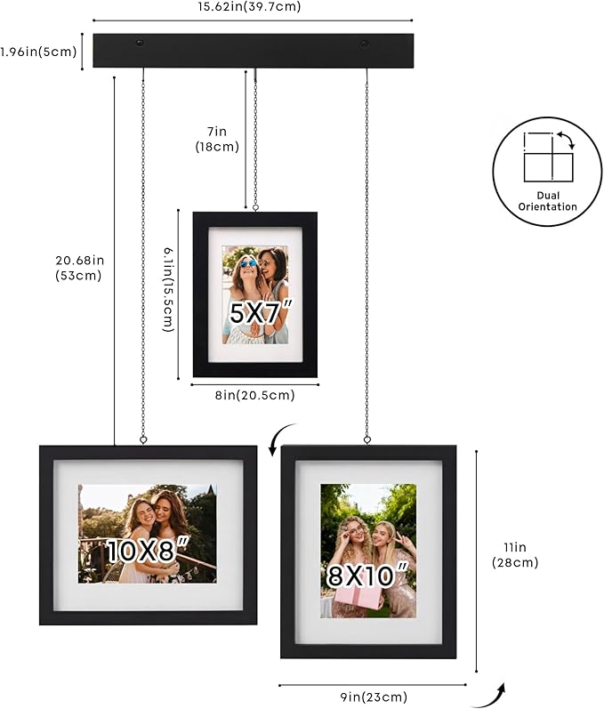Solid Wood Gallery Wall Frame Set of 3, Black Hanging Picture Frames with Adjustable Chain Display, Fits 5x7 & 8x10 Photos, Acrylic Front, Modern Wall Decor