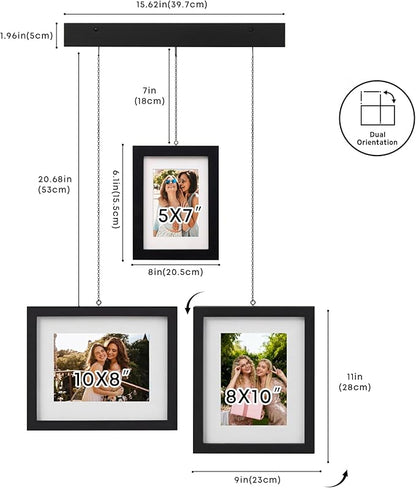 Solid Wood Gallery Wall Frame Set of 3, Black Hanging Picture Frames with Adjustable Chain Display, Fits 5x7 & 8x10 Photos, Acrylic Front, Modern Wall Decor