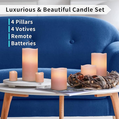 FURORA LIGHTING Pink Flameless Candles - Real Wax, Adjustable Brightness, Remote & Timer - 4 Pillars (3x4, 3x6) and 4 Votives, 8-Pack, Battery Operated