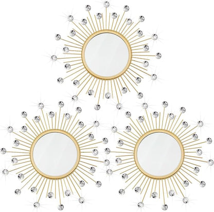 3 Pack Metal Mirrors for Wall Sunburst Wall Mirrors Home Décor Decorative Hanging Wall Art for Living Room Bedroom Entryway (Gold Crystal, Sunburst)