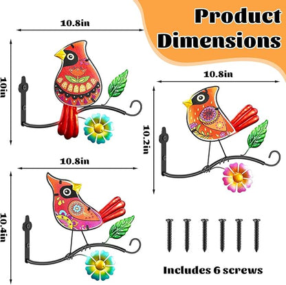 Metal Birds Wall Art Decor with Hanging Hooks, 3D Colorful Bird Outdoor Hanging Wall Art Patio Fence Decorations, Plant Bracket for Planters Wind Chimes Lanterns Garden Patio Decor (Cardinal)