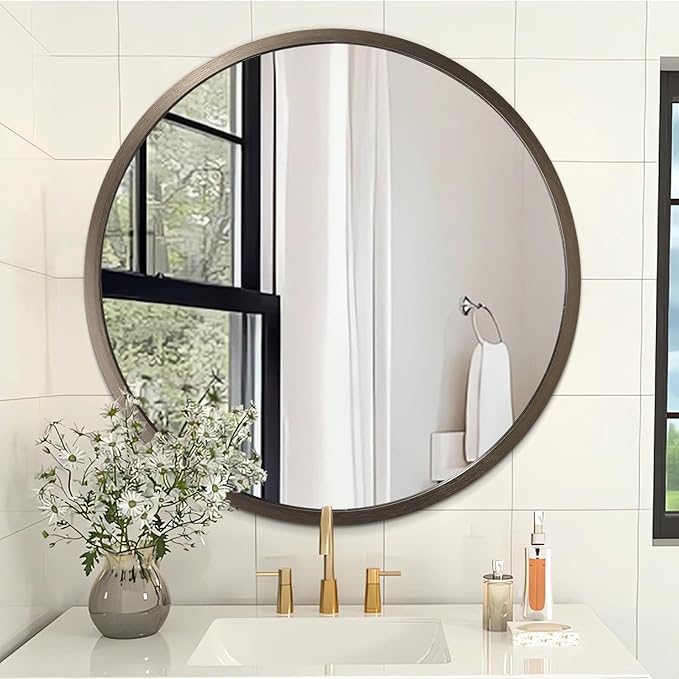 Wall Mirror Small Round Bathroom Mirror Metal Brushed Framed Rounded Corner Ative Hanging Mirror for Living Room Bedroom Entryway Farmhouse Caffee