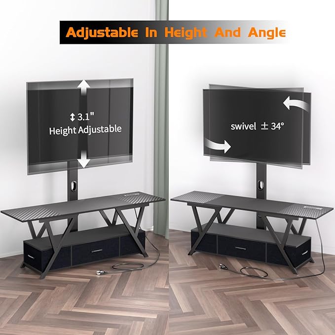 TV Stand with Swivel Mount and Power Outlet,Black Entertainment Center with LED Lights for 32-70 Inch TV, TV Console Table with Fabric Drawers Storage for Bedroom/Living Room