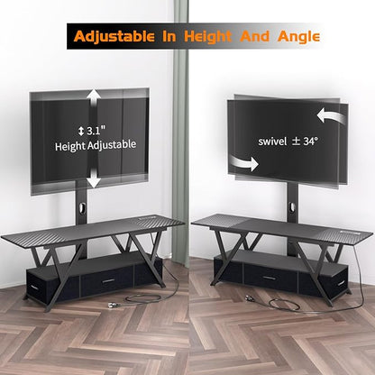 TV Stand with Swivel Mount and Power Outlet,Black Entertainment Center with LED Lights for 32-70 Inch TV, TV Console Table with Fabric Drawers Storage for Bedroom/Living Room