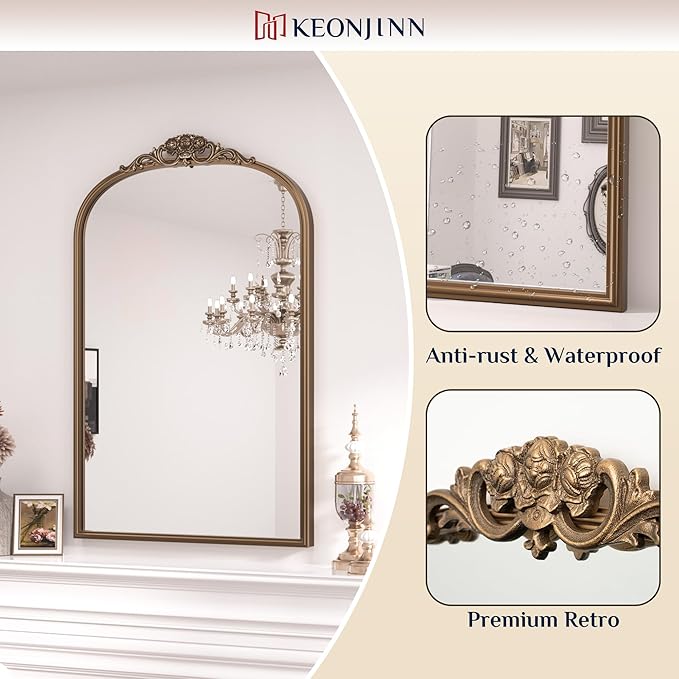 Keonjinn Vintage Gold Mirror, 40" x 30" Large Arched Mirrors with Metal Frame for Wall, Brass Baroque Mirror, Ornate Decorative Mirror for Mantle, Bathroom, French Cleat Mounting