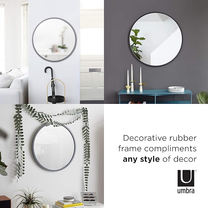 Umbra Hub Round Wall Mirror with Rubber Frame, Modern Style for Bathroom, Entryway, Living Room and More, 18-Inch, Black