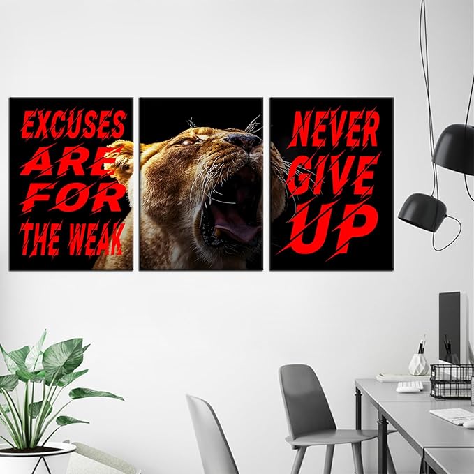 Never Give up Motivational Painting 3 Pieces Canvas Print Inspirational Office Decor Excuses Are for the Weak Inspiring Quotes Poster Framed for Wall Art Decoration Ready to Hang [60''W x 28''H]