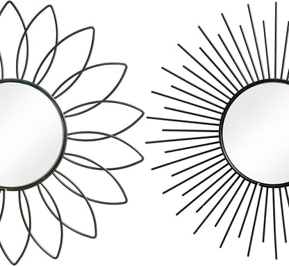 3 Pack Metal Mirrors for Wall Sunburst Wall Mirrors Home Décor Decorative Hanging Wall Art for Living Room Bedroom Entryway (Black2, Flower+Sunburst)