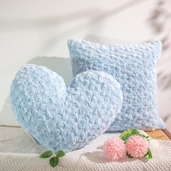 18" Sky Blue Heart Pillow, Luxury 600GSM Rose Textured Faux Rabbit Fur, Ethereal Blue Aesthetic Decorative Throw Pillow for Bedroom, Soft Matte Cloud Blue Heart Cushion