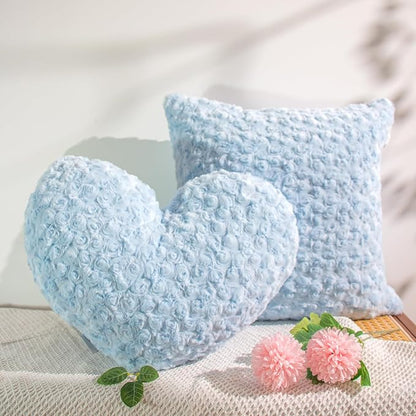 18" Sky Blue Heart Pillow, Luxury 600GSM Rose Textured Faux Rabbit Fur, Ethereal Blue Aesthetic Decorative Throw Pillow for Bedroom, Soft Matte Cloud Blue Heart Cushion