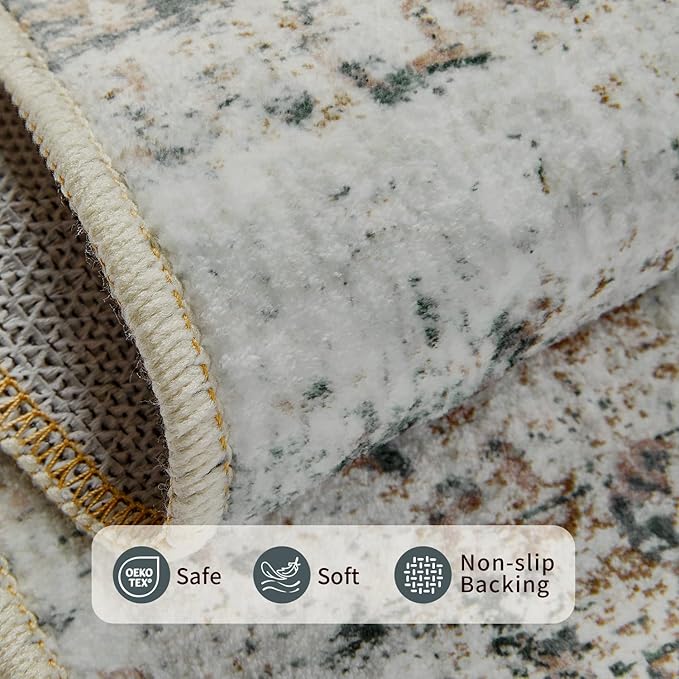 Rugxara 10x14 Extra Large Washable Area Rug, Soft Abstract Vintage Rug for Living Room, Bedroom, Office, Farmhouse, Low Pile Imitation Wool Non Slip Carpet Ideal for High-Traffic Areas, Moss