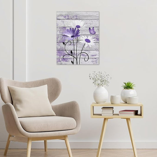 HVEST Farmhouse Floral Wall Art for Living Room, Purple and White Daisy Flower and Butterfly on Rustic Wood Board Canvas Wall Art Framed Artwork Ready to Hang for Bathroom Bedroom Decor, 16L X 12W