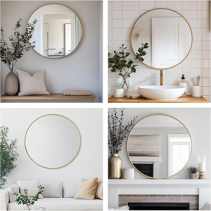 Oruii Gold Circle Mirror, 20 inch Round Mirror Metal Frame, Golden Bathroom Mirrors for Bedroom, Bathroom, Living Room, Over Sink, Rustic, Vanity