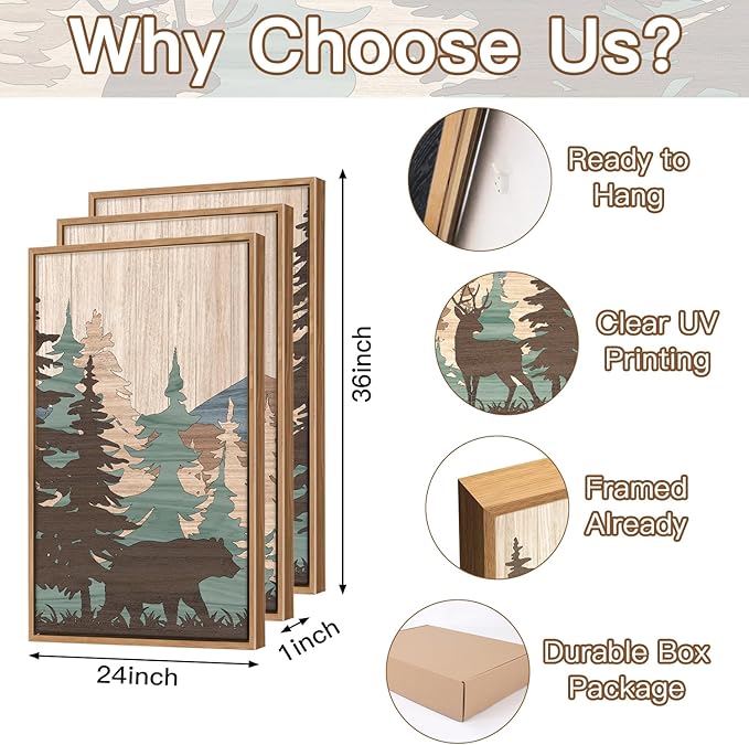 CHDITB Woodland Bear Moose Framed Wall Art(Set of 3, 24"x36"), Retro Wildlife Wild Animals Nature Forest Artwork Painting, Large Cabin Hunting Adventure Mountain Sun Posters Print for Nursery Boy Room