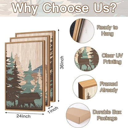 CHDITB Woodland Bear Moose Framed Wall Art(Set of 3, 24"x36"), Retro Wildlife Wild Animals Nature Forest Artwork Painting, Large Cabin Hunting Adventure Mountain Sun Posters Print for Nursery Boy Room