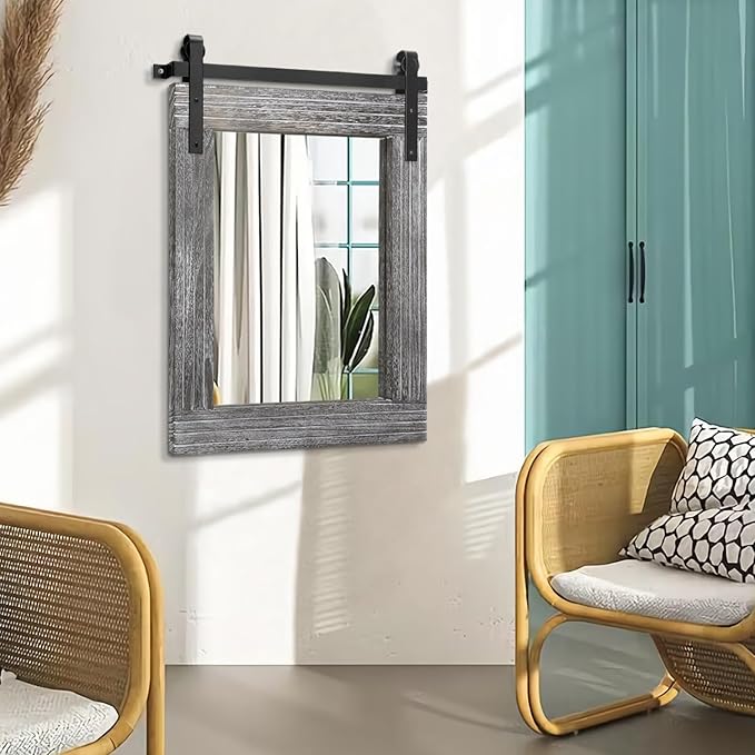 AAZZKANG Wall Mirror Large Rectangle Barn Door Mirrors with Wooden Framed Rustic for Bedroom Bathroom Living Room 26"x18"