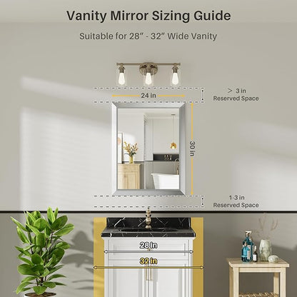 24x30 Inch Brushed Silver Bathroom Mirror for Wall, Thick Metal Framed Rectangle Mirrors for Over Sink, Bedroom, Living Room, Entryway, Anti-Rust, HD Tempered Glass