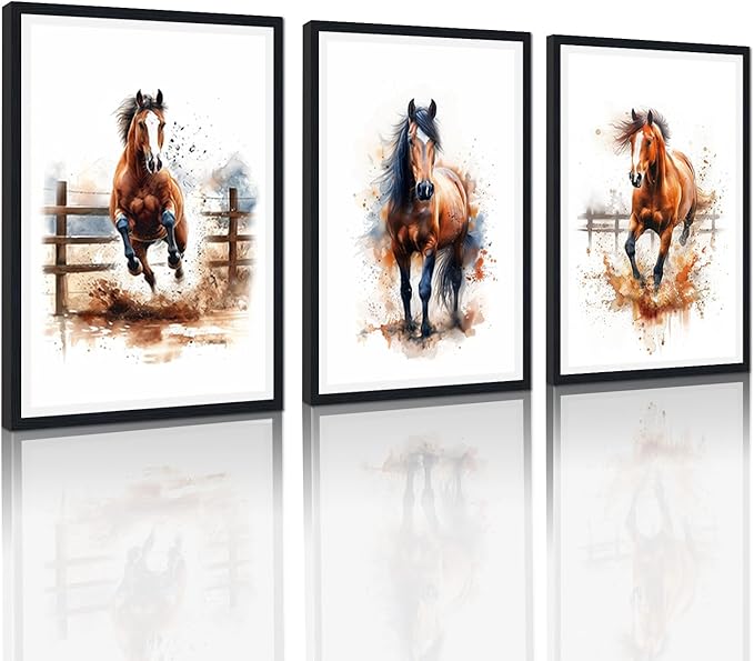Funny Horses Framed Canvas Wall Art Set of 3 Horse Running Portrait Wall Decor for Country Apartment Living Room Bedroom Modern Rustic Animals Artwork Decoration Easy to Hand 24x36inchx3pcs