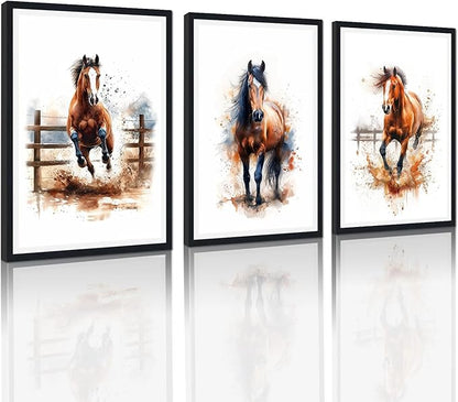 Funny Horses Framed Canvas Wall Art Set of 3 Horse Running Portrait Wall Decor for Country Apartment Living Room Bedroom Modern Rustic Animals Artwork Decoration Easy to Hand 24x36inchx3pcs