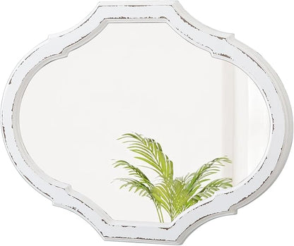 Vintage Oval Bathroom Mirror 22 X 30 Inch, Hanging Distressed White Rustic Scalloped Decorative Wall Mirrors, Unique Wood Mirrors for Wall Decor Living Room Entryway, Horizontal or Vertical