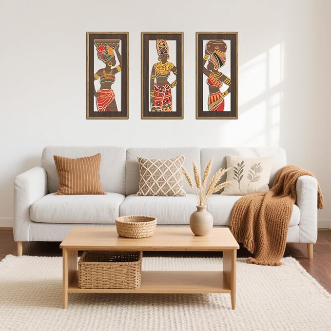 KAIRNE African American Wall Sign,Southwestern Orange Wooden Wall Art,Set of 3(8”X16”) Framed,Black Women Wood Bohemian Hanging Decor,Boho African Tribe Artwork for Living Room Bedroom Decor