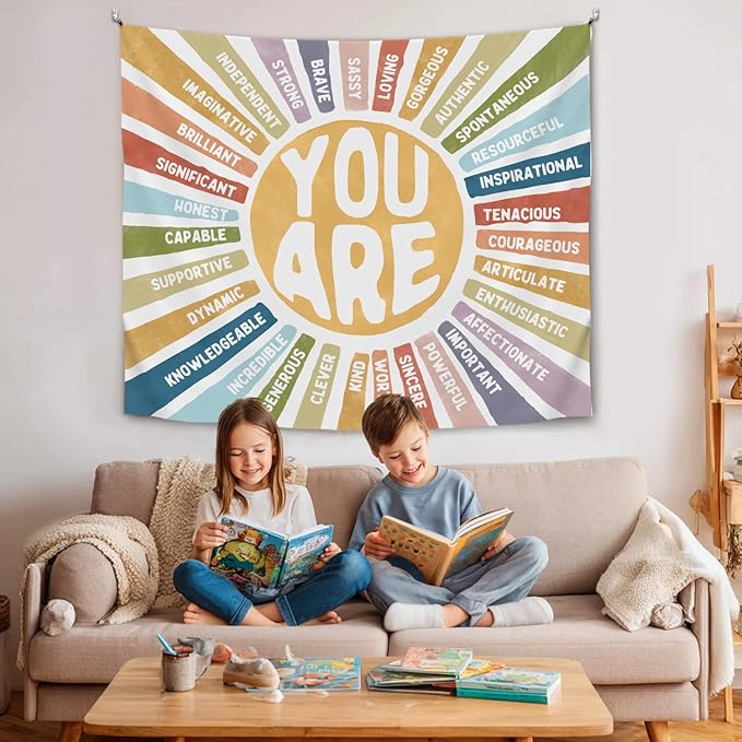 You Are Strong Wall Tapestry, Positive Affirmations Wall Hanging Decor, Self affirmation Poster Banner for Classroom, Counseling Office, Therapy Room, Teen Bedroom and Calm Down Corner(Colorful-You are)