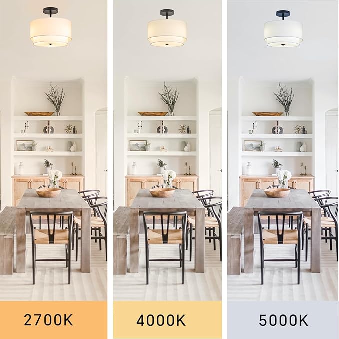Vexagyle 3-Light Semi Flush Mount Ceiling Light Fixture,12.6inch Modern Close to Ceiling Light with 2-Layer White Drum Fabric Shade,Entryway Light Fixture Ceiling Mount Lamps for Bedroom Dining Room