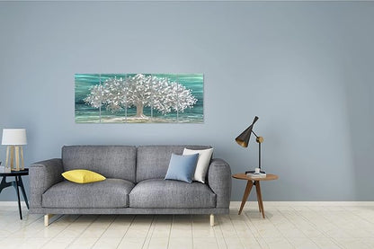 Yihui Arts Tree Of Life Metal Wall Art Handcrafted Aluminum Artwork Teal and Silver Abstract Nature Pictures in 5 Pieces for Living Room Bedroom Bathroom Decor