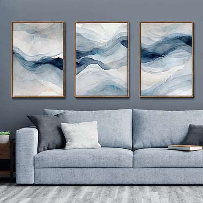 myusuar 3 Piece Large Abstract Framed Wall Art For Living Room, Smoke Texture Ink Navy Blue Canvas Wall Art Modern Minimalist Art Prints Wall Décor For Bedroom Office 24x36in