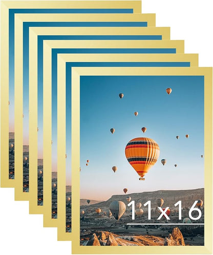 JCJMY 11x16 Gold Picture Frame Set of 6, Horizontal and Vertical Formats for Wall Hanging, 11 x 16 Wall Gallery Poster Photo Frames with Shatter Resistant Plexiglass, 6 Pack, Gold