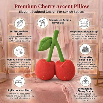 Cherry Pillow for Preppy Room Decor –17x14 In 3D Decorative Cherry Throw Pillow in Luxe Velvet –Shape Hold Fill Fruit Cushion with Sculpted Stem & Embroidered Leaf for Sofa & Aesthetic Home Decor Pink