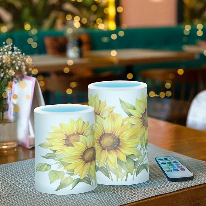 ALAZA Blooming Yellow Sunflowers Flickering Flameless Candles Battery Operated with Remote Timer,Tea Light Candles LED Pillar Votive Candles Set of 2 for Outdoor Indoor Decorations