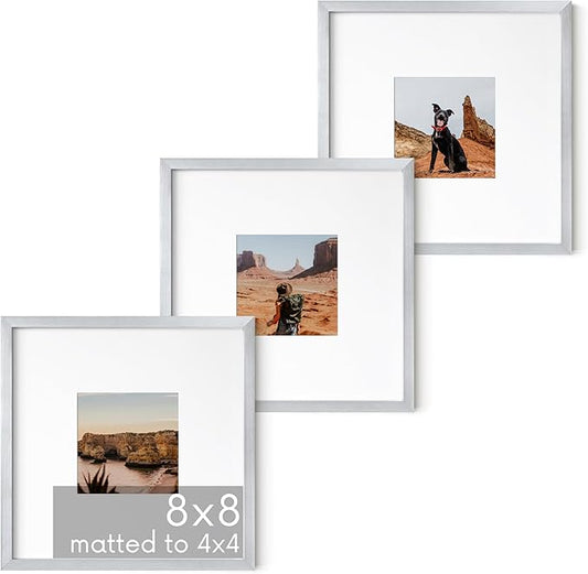 HAUS AND HUES 8x8 Silver Metal Picture Frames Matted to 4x4 - Features Premium Aluminum & Hanging Hardware, Shatterproof Plexiglass - Ideal for Home, Room, Office (8x8 in, Silver, Set of 3)