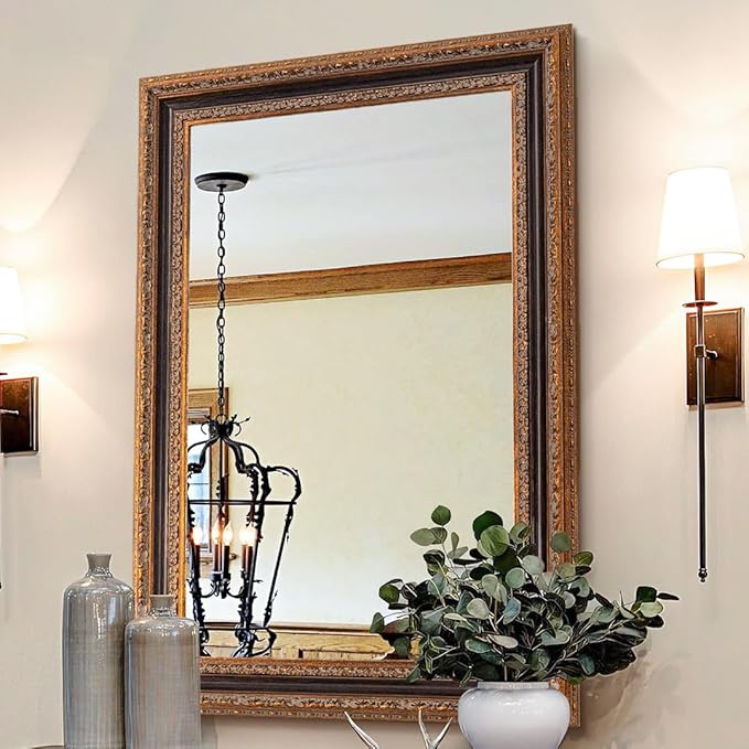 Bronze Accent Mirror 41.5" X 30", Antique Mirror | Handmade Aging 3D Carvings Wood Frame | Vintage Farmhouse Decor for Entryway, Living Room, Bathroom and Bedroom