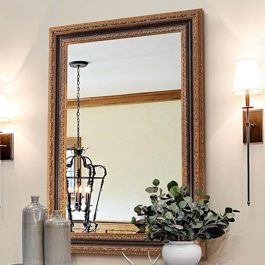 Bronze Accent Mirror 41.5" X 30", Antique Mirror | Handmade Aging 3D Carvings Wood Frame | Vintage Farmhouse Decor for Entryway, Living Room, Bathroom and Bedroom