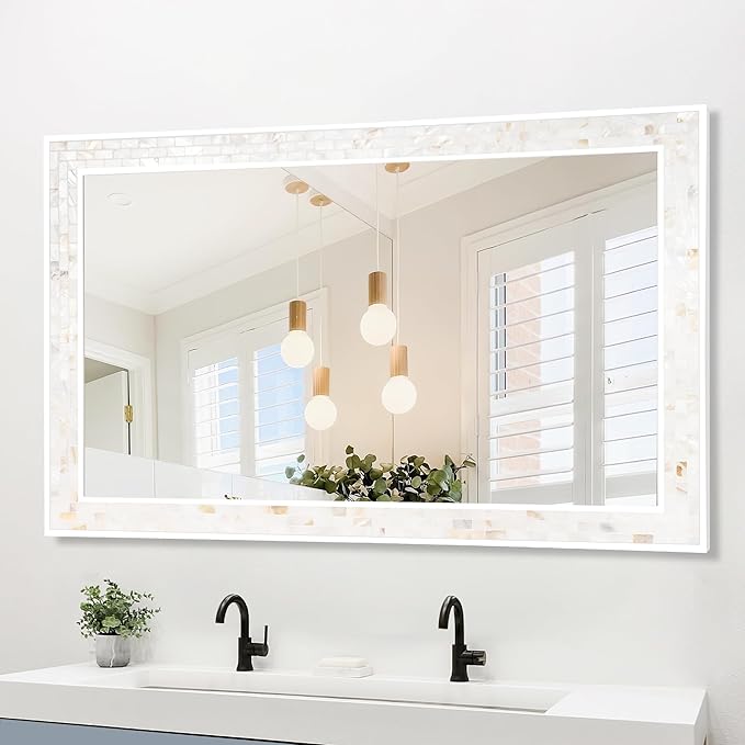 Tanmicoshomy White Framed Rectangle Mirrors 24 x 47 Inch, Coastal Wall Mirrors with Natural Shell for Bathroom, Bedroom or Entryway, Wall Mounted Horizontal or Vertical