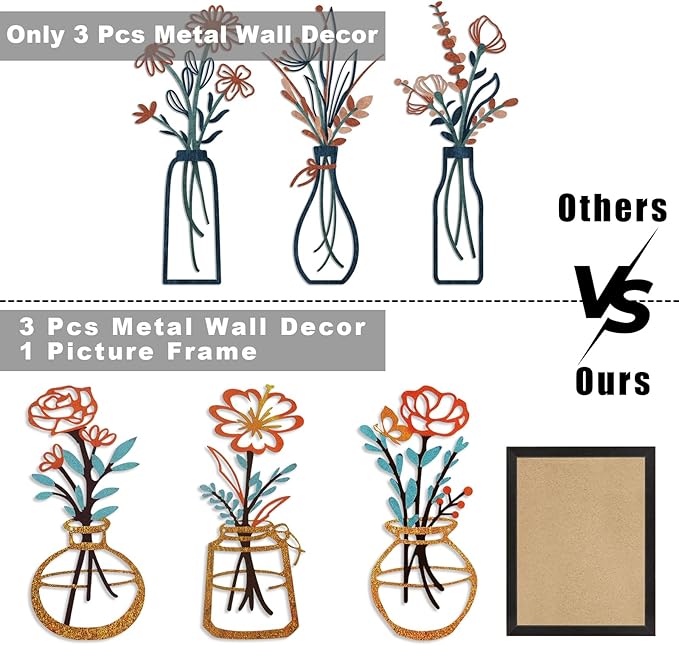 Metal-Wall-Decor Living Room - 3 Pcs Metal Bathroom Wall Art Floral Vase and Picture Frame for Decoration- Hanging Display Wall Decor Art for Home Dining Room Bedroom Kitchen Farmhouse,Orange