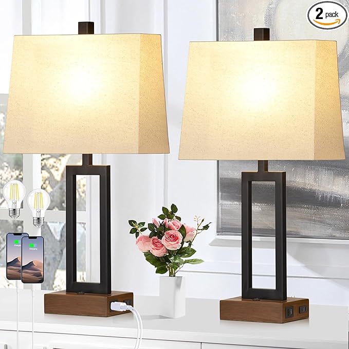 Rinweey 23.5" Table Lamps Set of 2, Modern Black Bedside Lamps with 2 USB Ports & AC Outlet, Contemporary Nightstand Lamps with Wood Base for Bedroom Living Room(LED Bulb Included)