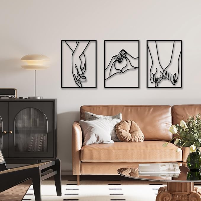 EDCIJB 3 Pcs Minimalist Heart Hands Black Metal Wall Decor Single Line Wall Art Abstract Metal Wall Art Decor for Bedroom Livingroom,Bathroom,Decor for Couples