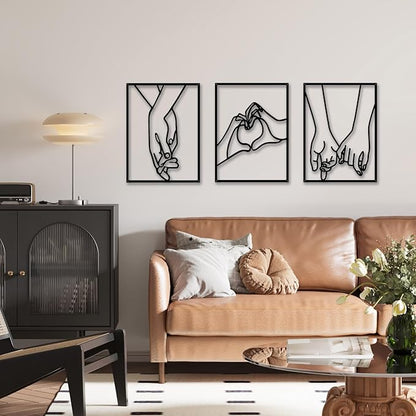 EDCIJB 3 Pcs Minimalist Heart Hands Black Metal Wall Decor Single Line Wall Art Abstract Metal Wall Art Decor for Bedroom Livingroom,Bathroom,Decor for Couples