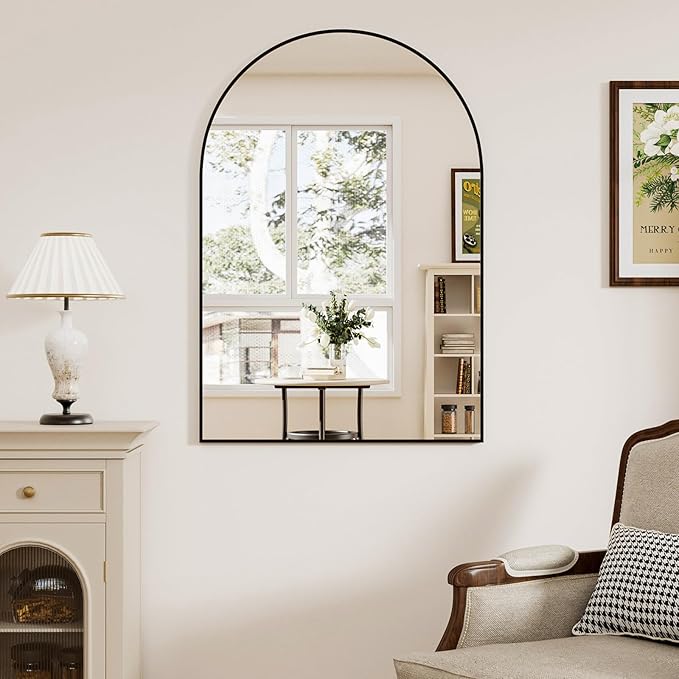 Rowjut Arched Wall Mirror 30"x20"Window Mirrors, Decorative Wall & Iron Framed Bathroom Mirror, Arched Top Wall Mirrors for Entryway. Living Room, Bedroom, Fireplace .（Black