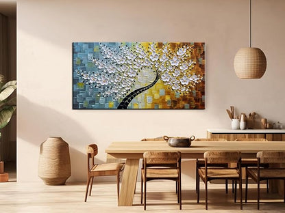 YaSheng Art - Wall Art Oil Painting ,100% HandPainted 3D Texture Wall Art Artwork White Flower Tree Paintings ,Abstract Canvas Wall Art ,Bedroom Dining Room Living Room Modern Wall Art Decor Home , Framed Wall Art Picture 24x48inch