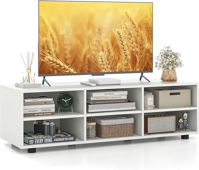 Tangkula White TV Stand for TV up to 55 Inch, TV Console Table with 6 Cubbies, 5 Positions Adjustable Shelves, Wood Media Entertainment Center for Living Room (Modern, 45", TVs up to 55")