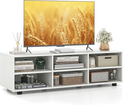 Tangkula White TV Stand for TV up to 55 Inch, TV Console Table with 6 Cubbies, 5 Positions Adjustable Shelves, Wood Media Entertainment Center for Living Room (Modern, 45", TVs up to 55")
